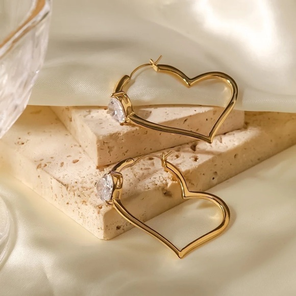 18K Gold Plated Heart Cubic Zirconia Hoop Earrings - Picture 2 of 8